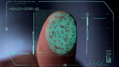 未来主义的医疗指纹扫描仪收集信息显示全息图